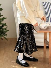 DAZY Young Girls Heavily Embellished Sequin Mermaid Tail Solid Color Skirt