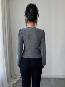 Elenzga Áo thun/Áo phông cổ chữ V khoét sâu thanh lịch, trang phục dự tiệc Giáng sinh họa tiết, mùa thu/đông - màu đen - Xem 2