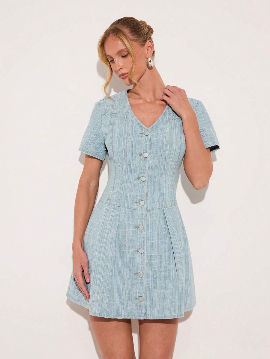COSMINA Women's V-Neck Short Sleeve Single-Breasted Casual Denim Dress - Blue - View 1