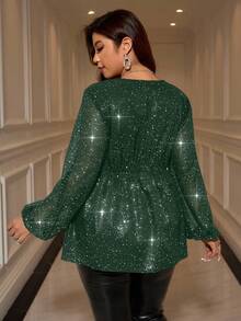 Gownix Plus Size Women's Shiny V-Neck Lantern Sleeve Fashionable Blouse