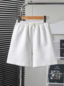 SHEIN 儿童/青少年男童休闲百搭舒适白色宽松针织短裤，适合通勤、上学、日常休闲、度假、运动，春夏秋冬四季皆宜，也适合返校季穿着。 - 白色 - 查看 4