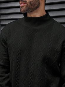 Manfinity Homme 加大码男士提花立领休闲套头卫衣，适合日常通勤穿着 - 黑色 - 查看 5