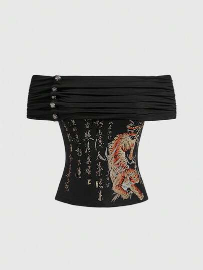 J-Fashion Chinesischer Stil Off-Shoulder Bluse für Frauen mit Tiger-Kalligraphie-Muster und Mesh-Patchwork