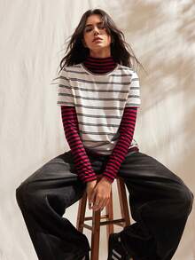 Easelle 女士休闲复古高领宽松条纹T恤 - 彩色 - 查看 6