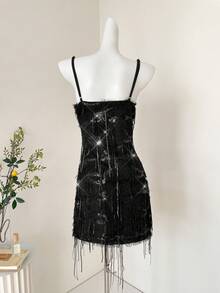 SHEIN Unity Fitted Glamorous Tassel Sequin Slip Dress, Elegant Carnival Party, Retro Academic Style, Suitable For Music Festival, Urban Commute, Workplace, Spring/Summer - Black - View 7