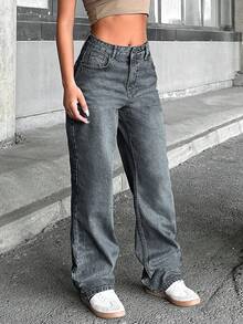 EURMUSE 100Cotton WOMEN HIGH WAIST STRAIGH VINTAGE Casual WASHING JEANS Everyday Grey Autumn - Dusty Blue - View 8