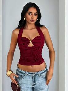 SHEIN Glamour Sexy Metallic Decor Hollow Ruched Halter Neck Top For Women - Red - View 1