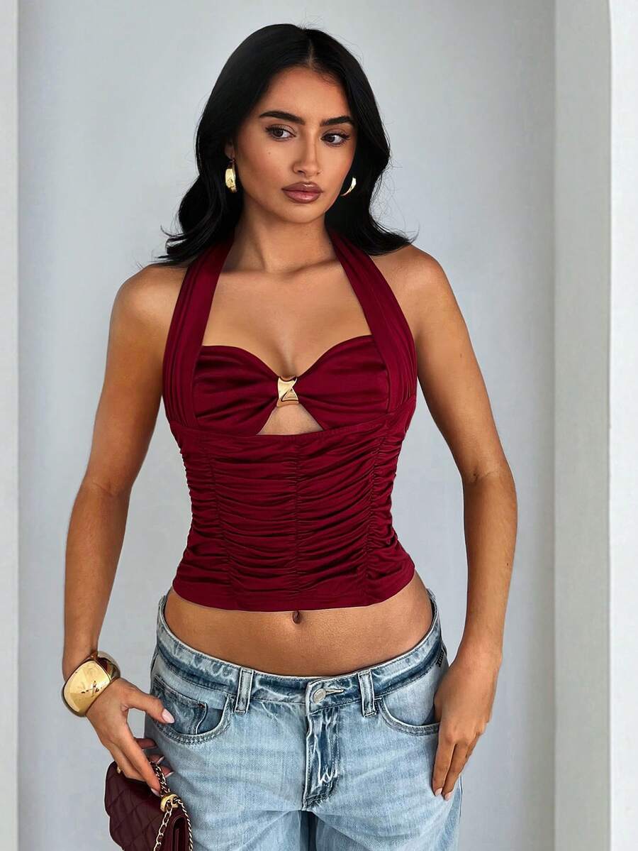SHEIN Glamour Sexy Metallic Decor Hollow Ruched Halter Neck Top For Women - Red - View 1