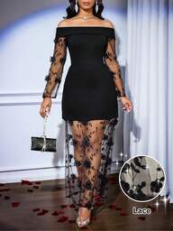 SHEIN Lady Damska sukienka z odkrytymi ramionami i długim rękawem, haftowana w kwiaty, z siateczki, z elegancką aplikacją