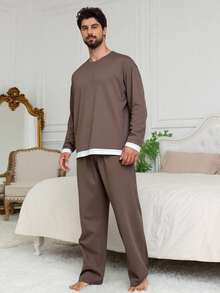 DAZY Men's 2 In 1 Khaki & White Casual Pajama Set, Spring/Autumn - Multicolor - View 3