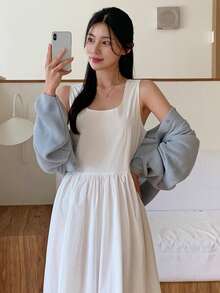 DAZY Đầm midi nữ màu trơn cổ vuông xếp ly có túi, kiểu dáng thường ngày, không tay. - trắng - Xem 1