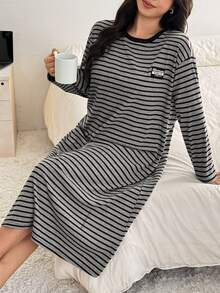 Dazy Plus Plus Size Women Loose Long Nightgown With Colorblock Striped Design, Comfortable Sleepwear For Spring And Autumn - Dark Grey - View 4