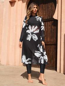 SHEIN Swim Plus Size Women's Black & White Floral Print 2-Piece Burkini Set - Multicolor - View 4