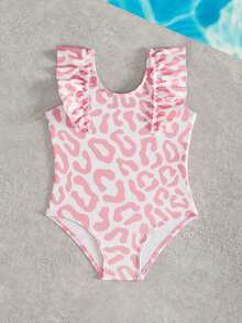 SHEIN Jednoczęściowy kostium kąpielowy dla dziewczynek z nadrukiem w panterkę, urocze kwiatowe wykończenia, różowy, uroczy i swobodny, odpowiedni do pływania, letni - Różowy - Zobacz 4