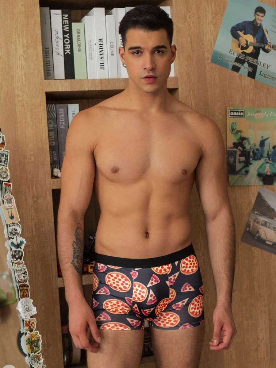 Calzoncillos Cómodos Con Estampado De Pizza Para Hombre - Negro - Ver 1