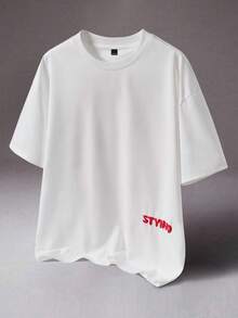 STYNVO Men's White And Red Slogan Graphic Drop Shoulder Tee,Summer Casual Round Neck Short Sleeve T-Shirt,Streetwear City Break Contrast Letter Print Tshirt - White - View 2