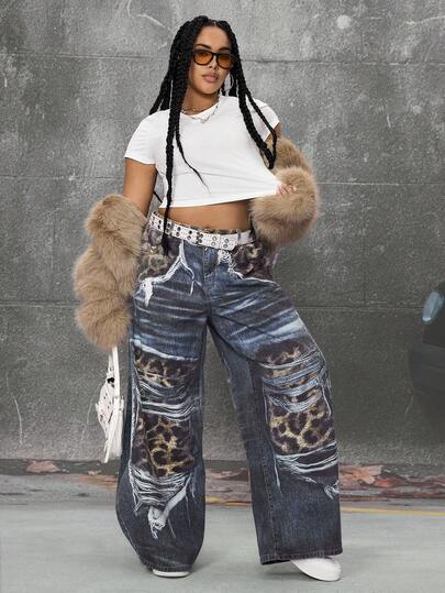 Grunge Punk Jeans femme vintage lavé usé imprimé léopard style grunge-punk, pantalon en jean cool de rue grande taille