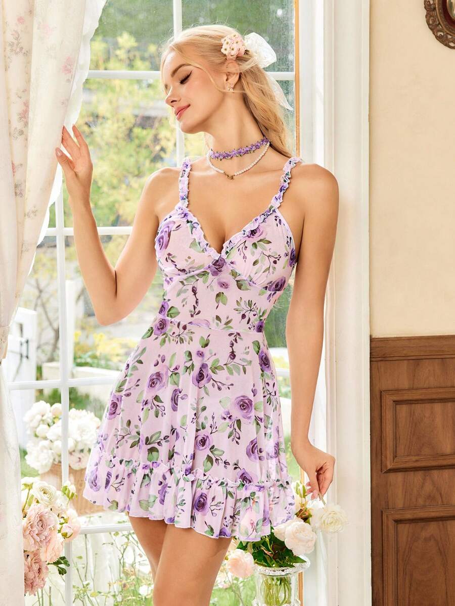 Snug Zone Women's Floral Print Ruffle Trim Camisole Nightgown - Multicolor - View 1