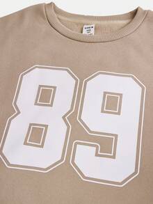 SHEIN Girlism 少女休闲校园街头风字母数字图案圆领卫衣搭配褶皱阔腿直筒裤针织运动套装，杏色返校装 - 杏色 - 查看 4