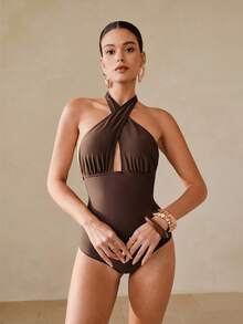 Swim Oasis 女士夏季沙滩度假纯色连体泳衣带裙，修身高衩挂脖式两件套 - 咖啡棕 - 查看 5