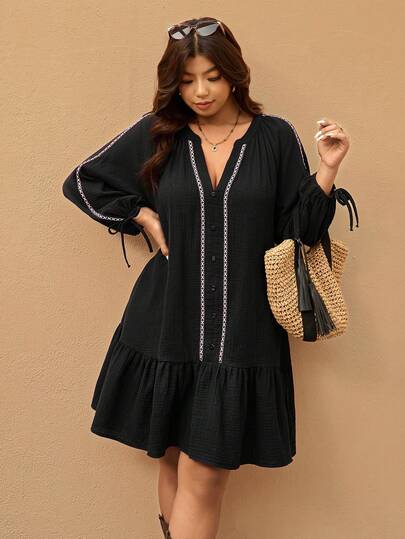 Elaquor Plus Size Women V-Neck Lantern Sleeve Ruffle Hem Casual Dress