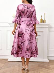 SHEIN Lady 女式优雅花卉印花荷叶边袖连衣裙，秋季 - 珊瑚粉 - 查看 2