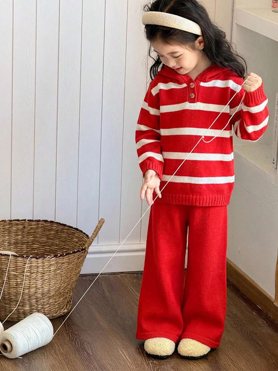 SHEIN Young Girls Casual Blue & White Striped Hooded Sweater And Pants Set School Tops Young Girl Clothes Kids Girl Outfit Cute Tops Graphic Tees Girls Sweater Sets Girls Knit Set Winter Young Girls Sets Young Girls Striped Knit Set Young Girl Knit Set Winter Girls Sets Girls Hooded Sweater Set Fall - Multicolor - View 1