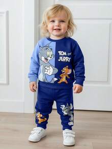 TOM & JERRY X SHEIN 2pcs Baby Boy Cartoon Animal Cat & Mouse Print Patchwork Sweatshirt And Sweatpants Set, Casual Sports Style, Suitable For Spring, Autumn And Winter Fall