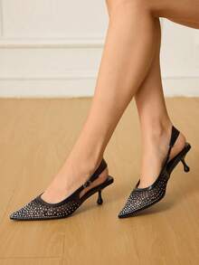 CUCCOO HITCHD 优雅尖头细高跟鞋，采用水钻网眼设计，性感时尚，适合婚礼、派对和走秀，舒适百搭的女士露背低跟网眼鞋 - 黑色 - 查看 8
