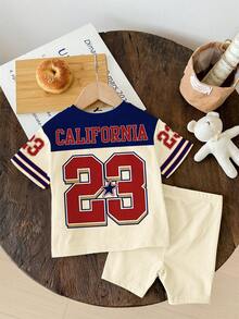 SHEIN 2件套复古学院风运动数字23印花休闲宽松圆领短袖T恤和修身骑行短裤套装，适合春夏穿着，返校季服装，2000年代风格，Y2K服装 - 彩色 - 查看 3