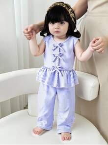 Souflis Souflis 2件套女婴幼儿/新生儿0-3岁春夏蓝色休闲甜美日常度假条纹梭织无袖上衣和阔腿裤两件套 - 藍色 - 查看 3