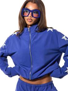 SUMWON WOMEN Zip Through Track Jacket With White Star Print Pattern Long Sleeve Casual Outerwear For Spring Fall Winter - Blue - View 4