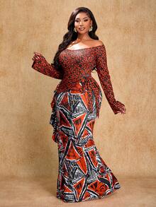 Brilight 女士优雅修身AB印花两件套，木质耳朵系于一侧肩部，适合派对、圣诞节等场合穿着。 - 紅色 - 查看 6