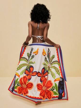 SHEIN Veneréa Women's Colorful Print Long Beach Cover-Up & Skirt Set, Spring/Summer