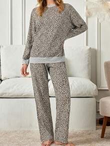 Women Cotton Leopard Print Round Neck Long Sleeve Top & Fake Drawstring Pants Ladies Pajama Set - Multicolor - View 3