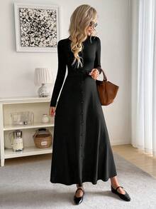 Easowa 巧克力棕色休闲宽松优雅通勤复古风长袖连衣裙，圆领，纽扣前襟，后背系带蝴蝶结，A字裙摆 - 黑色 - 查看 6