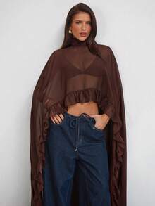 Aloruh Purple-Red Mid-Length Semi-Sheer High Neck Sleeveless Shirt - Purple - View 1