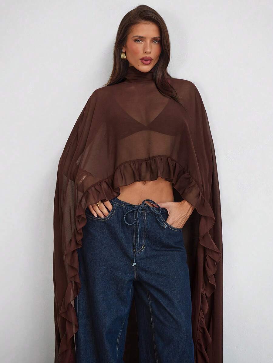 Aloruh Purple-Red Mid-Length Semi-Sheer High Neck Sleeveless Shirt - Purple - View 1