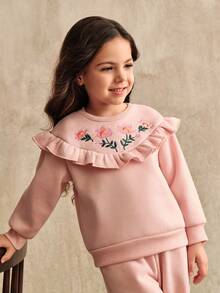 SHEIN 2 件套年轻女孩和幼儿女孩休闲荷叶边刺绣套头衫上衣 + 裤子套装，适合搭配各种夹克、棉质外套，适合日常穿着 - 粉色 - 查看 4