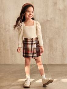 SHEIN 2 Pieces Young Girl Christmas Outfit - Girls Casual Ruched Crew Neck Gigot Sleeve Red Top And Classic Red & White Plaid Asymmetrical Hem Skirt Set, Fashion Versatile Wear For Christmas And Other Occasions, Autumn/Winter - Multicolor - View 4