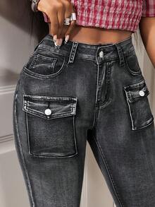 Slaydiva Women's Casual Street Style Multi-Pocket Skinny Jeans - Dark Grey - View 7
