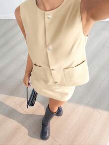 SHEIN EZwear 女士杏色单排扣背心和半裙休闲两件套，春夏款 - 杏色 - 查看 6