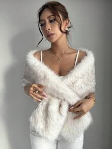 Rafferiza Women's Solid Color Faux Fur Fashion Shawl, Autumn/Winter White Shrug White Fur Shrug Women's Luxury Clothing White Fur Shawl - White - View 4
