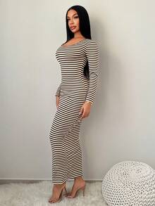 SHEIN SXY 女士条纹长袖优雅收腰派对及工作连衣裙 - 彩色 - 查看 5