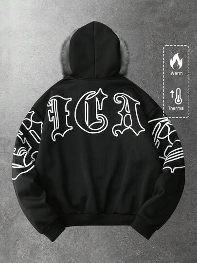 Street Life Sudadera con capucha con estampado gráfico y forro polar para hombre, con cuello de piel, para otoño/invierno