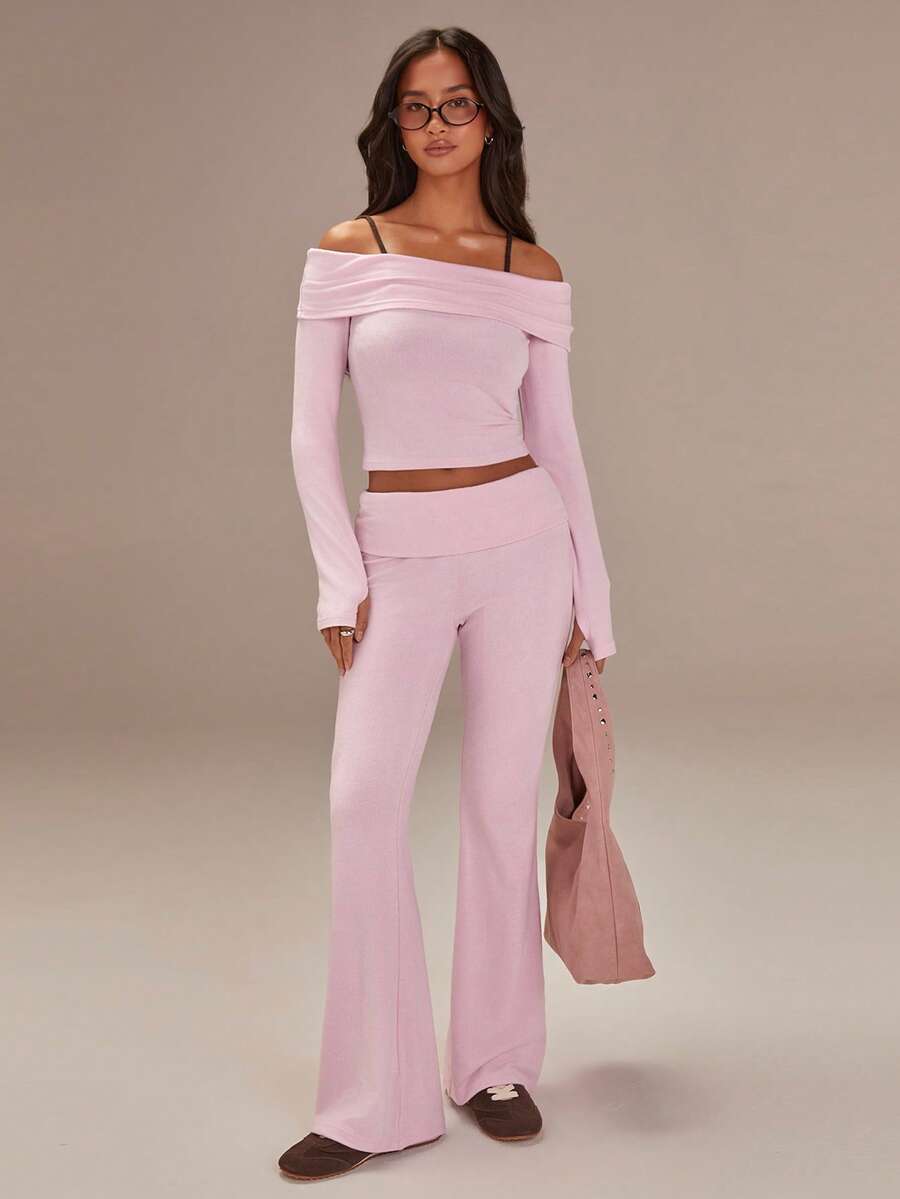 Athîral Blusa de punto de hombros descubiertos de manga larga en color rosa claro, elegante y suave, elástica, para usar en invierno, casual y elegante para fiestas, de tela de punto cómoda y suave, blusas rosas, looks para Año Nuevo, Navidad y San Valentín - Rosa - Ver 1