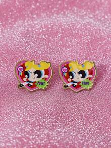 THE POWERPUFF GIRLS X SHEIN 1 Cặp bông tai họa tiết hoạt hình thời trang dễ thương, sang trọng, thích hợp cho nhiều bữa tiệc, buổi hòa nhạc/lễ hội - Vàng - Xem 2