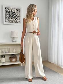 Easowa 女士纯色褶裥直筒宽松长裤，带口袋，适合秋冬季穿着。 - 杏色 - 查看 4