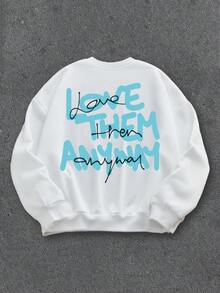 Manfinity ZONE917 ZONE917 Men's Blue & Black "LOVE THEM ANYWAY" Slogan Graphic Print Fleece Pullover Sweatshirt - White - View 1