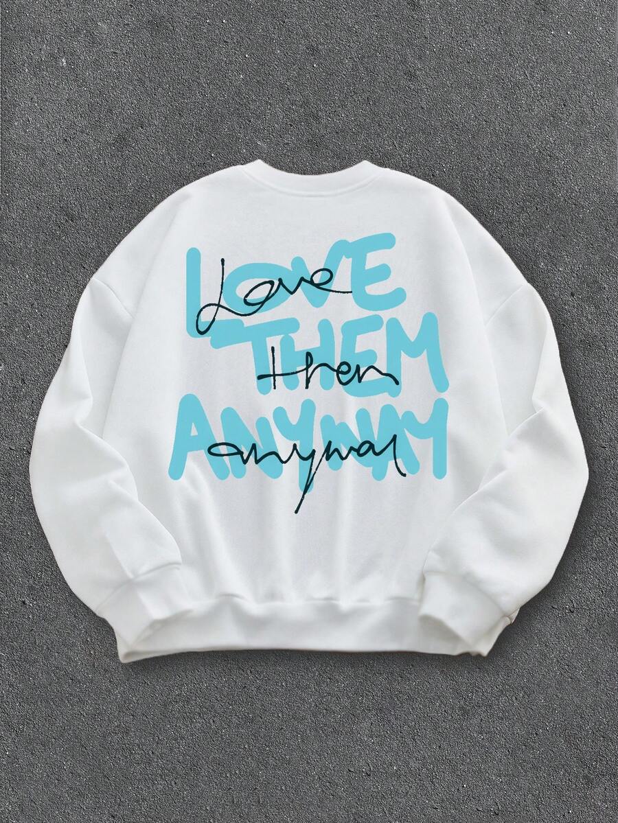 Manfinity ZONE917 ZONE917 Men's Blue & Black "LOVE THEM ANYWAY" Slogan Graphic Print Fleece Pullover Sweatshirt - White - View 1